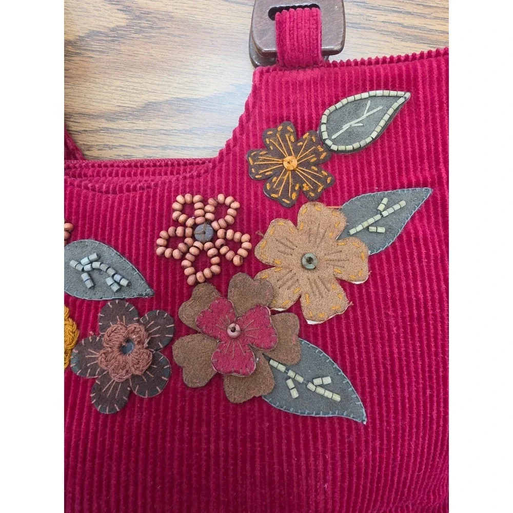 EUC Cappelli Red Wine Corduroy Floral Embroidered Handle Bag Boho Hippy Fairy